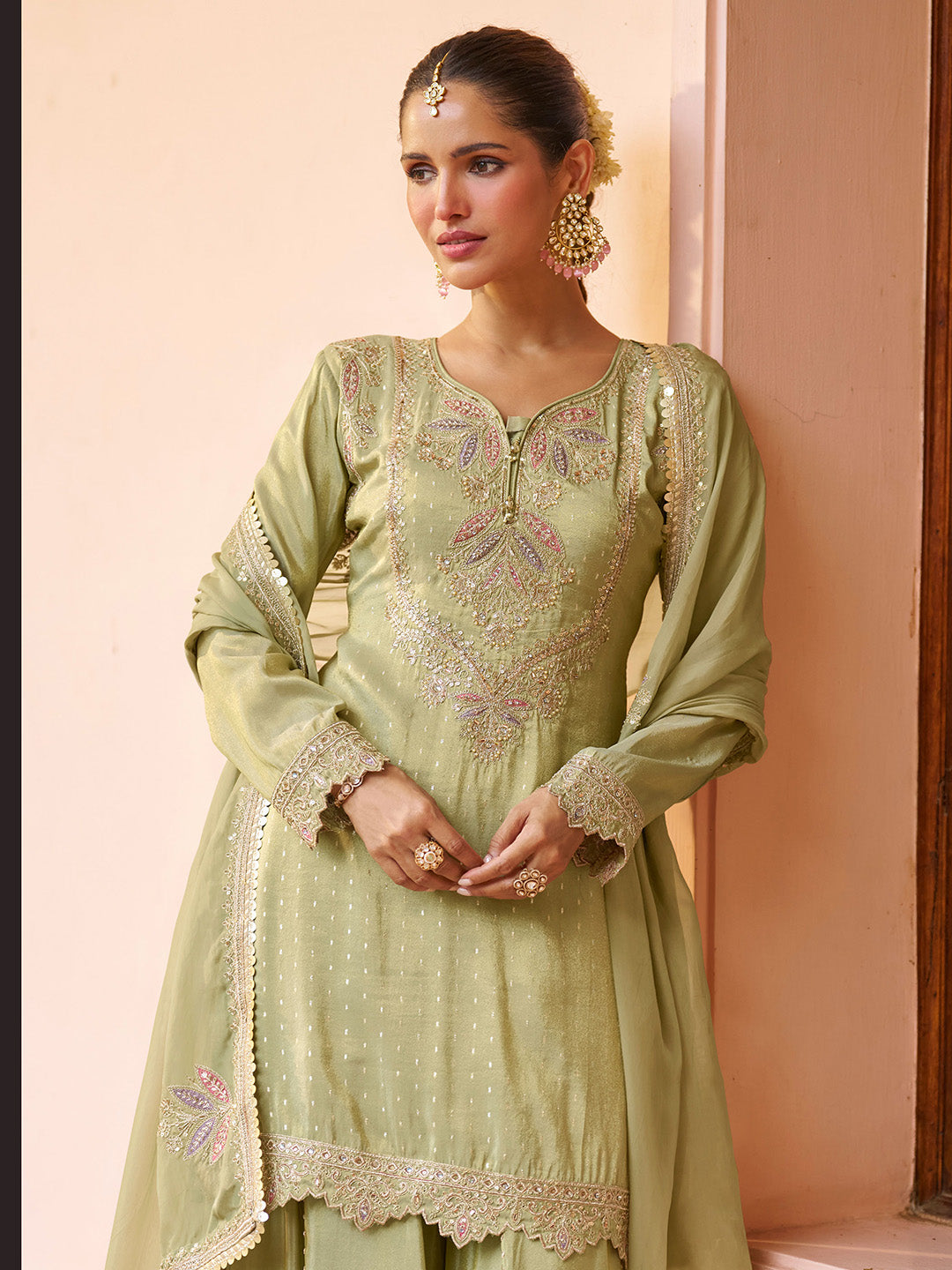 Sea Green Chinon Embroidered Kurta With Palazzo &amp; Dupatta