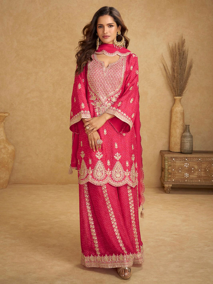 Rani-Pink Chinon Embroidered Kurta With Palazzo &amp; Dupatta
