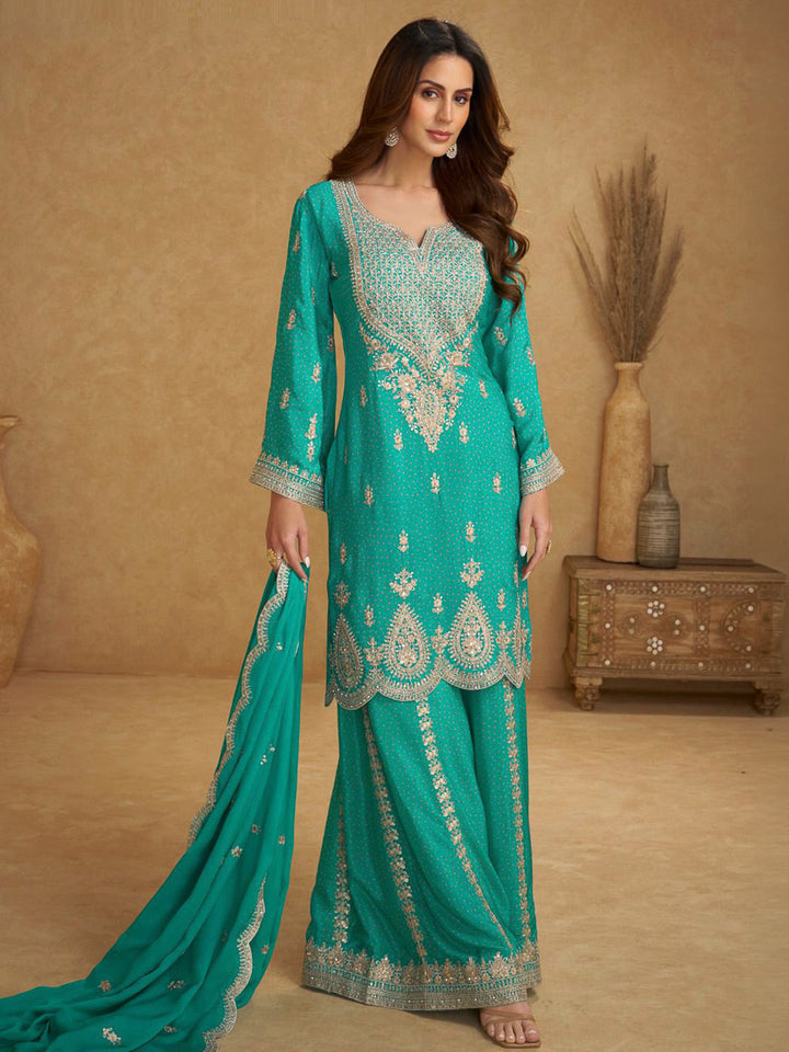 Blue Chinon Embroidered Kurta With Palazzo &amp; Dupatta