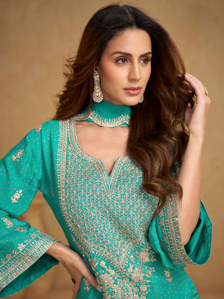 Blue Chinon Embroidered Kurta With Palazzo &amp; Dupatta