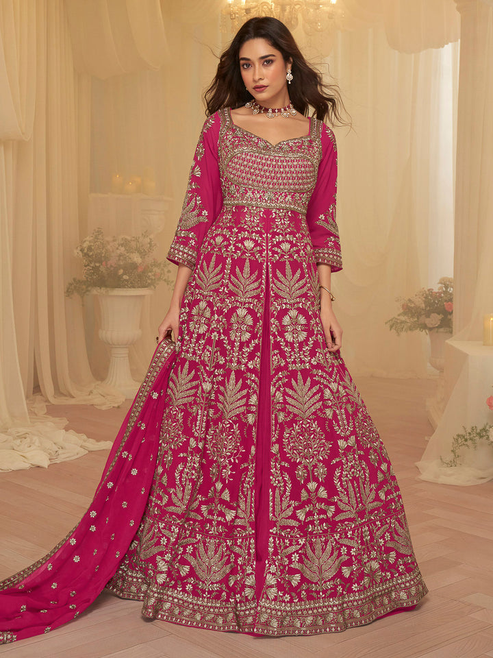 Rani-Pink Georgette Embroidered Anarkali Front Cut Gown &amp; Skirt With Dupatta