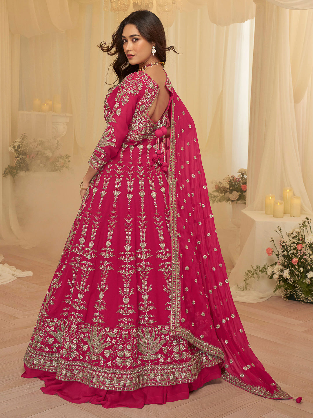 Rani-Pink Georgette Embroidered Anarkali Front Cut Gown &amp; Skirt With Dupatta