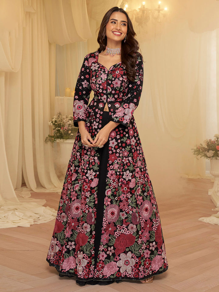 Black Georgette Embroidered Anarkali Front Cut Gown &amp; Skirt With Dupatta