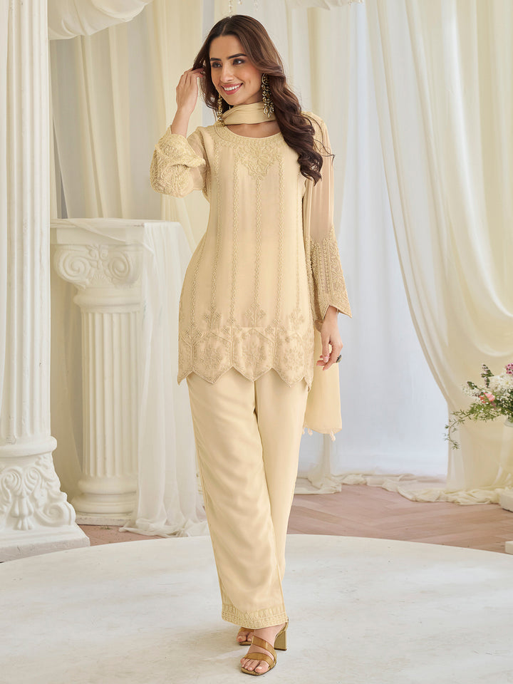 Beige Chinon Embroidered Kurta With Pant &amp; Dupatta