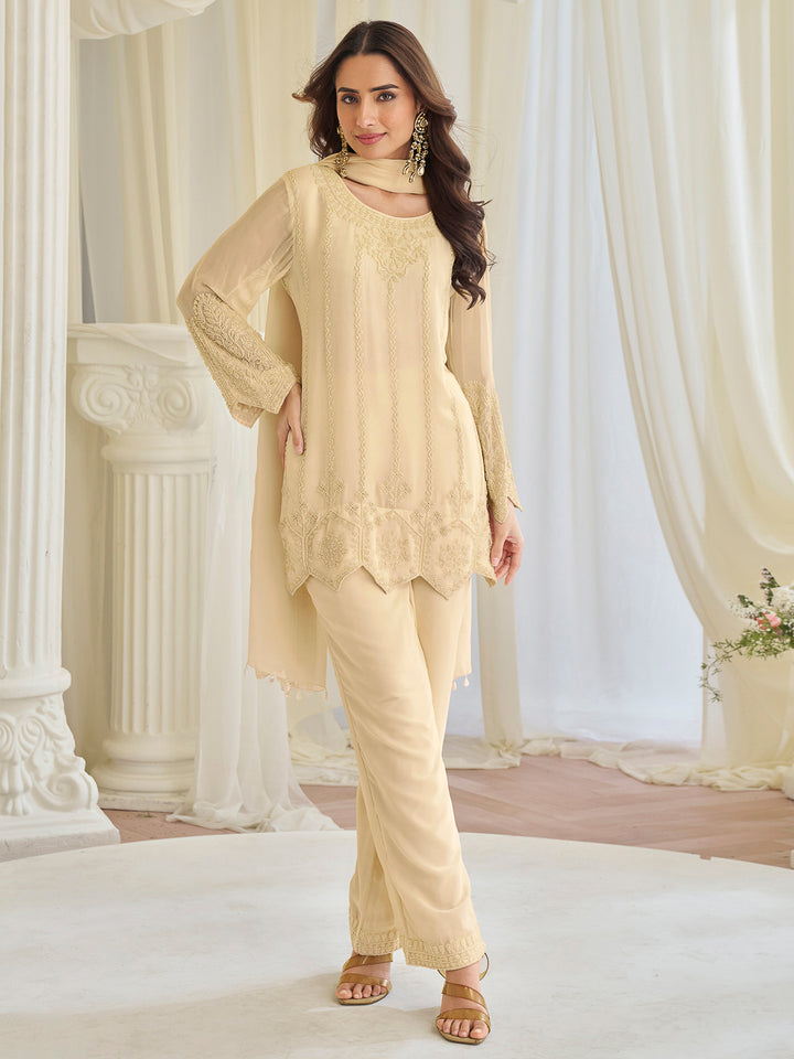 Beige Chinon Embroidered Kurta With Pant &amp; Dupatta