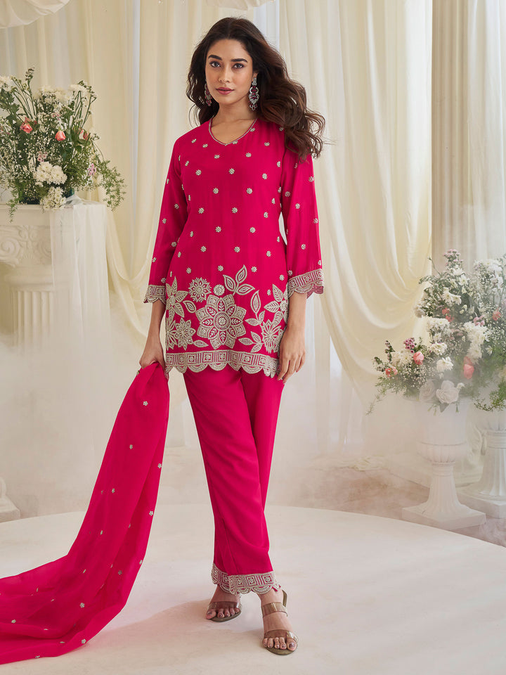 Pink Chinon Embroidered Kurta With Pant &amp; Dupatta