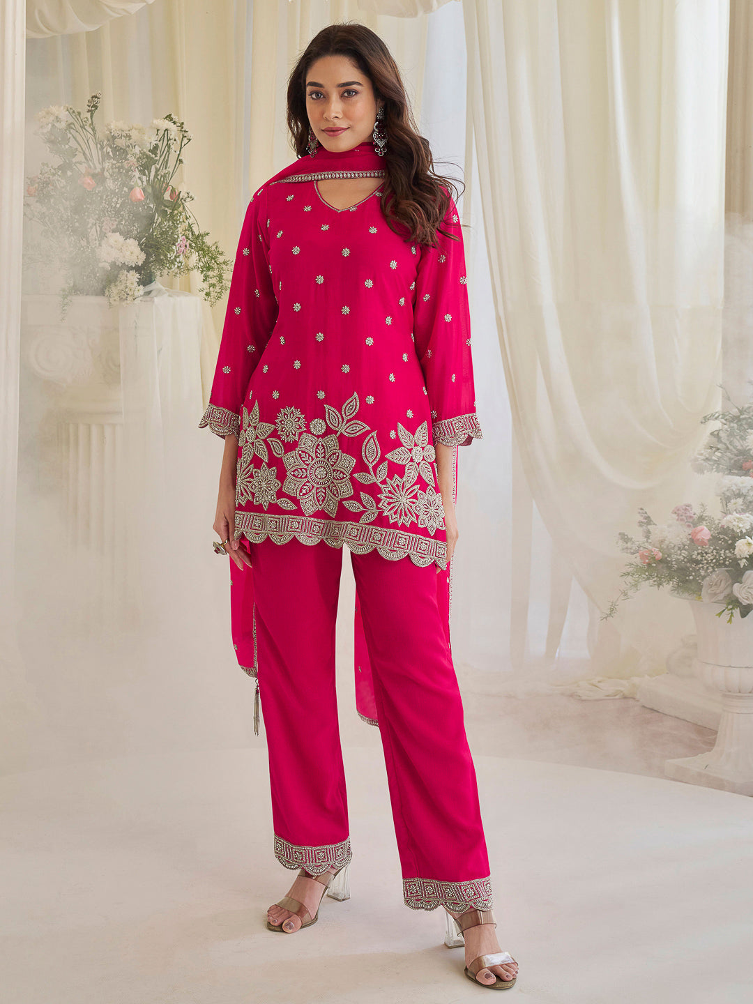 Pink Chinon Embroidered Kurta With Pant &amp; Dupatta