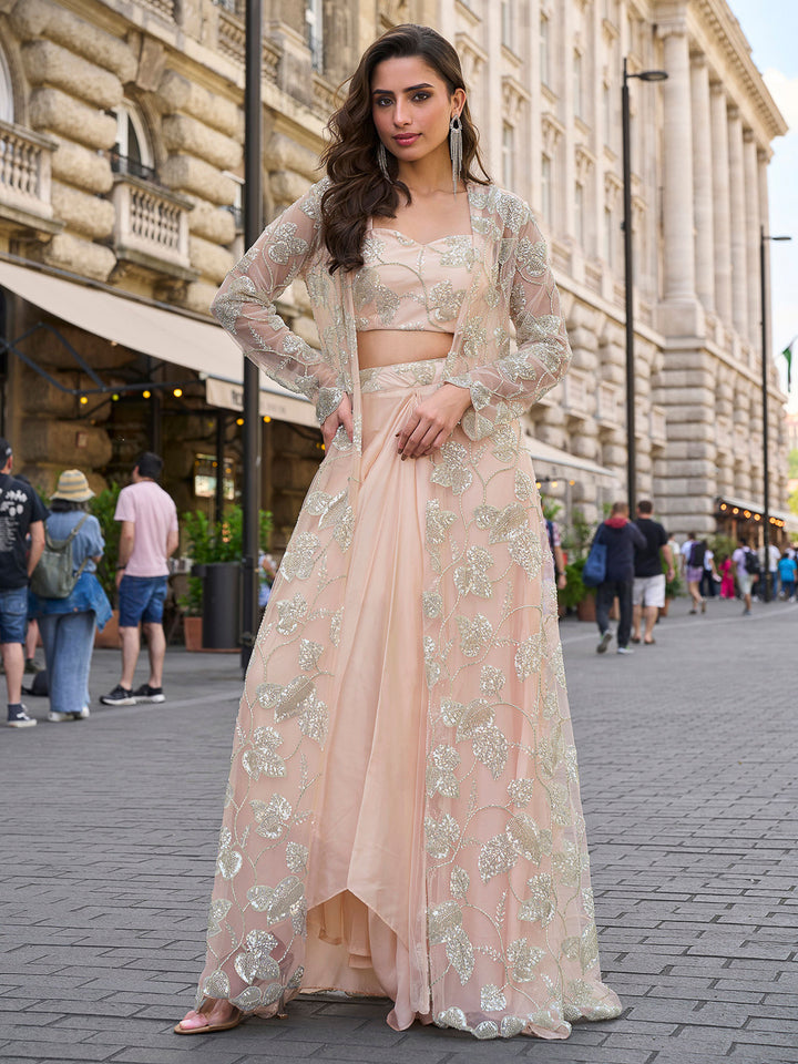 Peach Crepe Embroidered Blouse &amp; Dhoti With Jacket