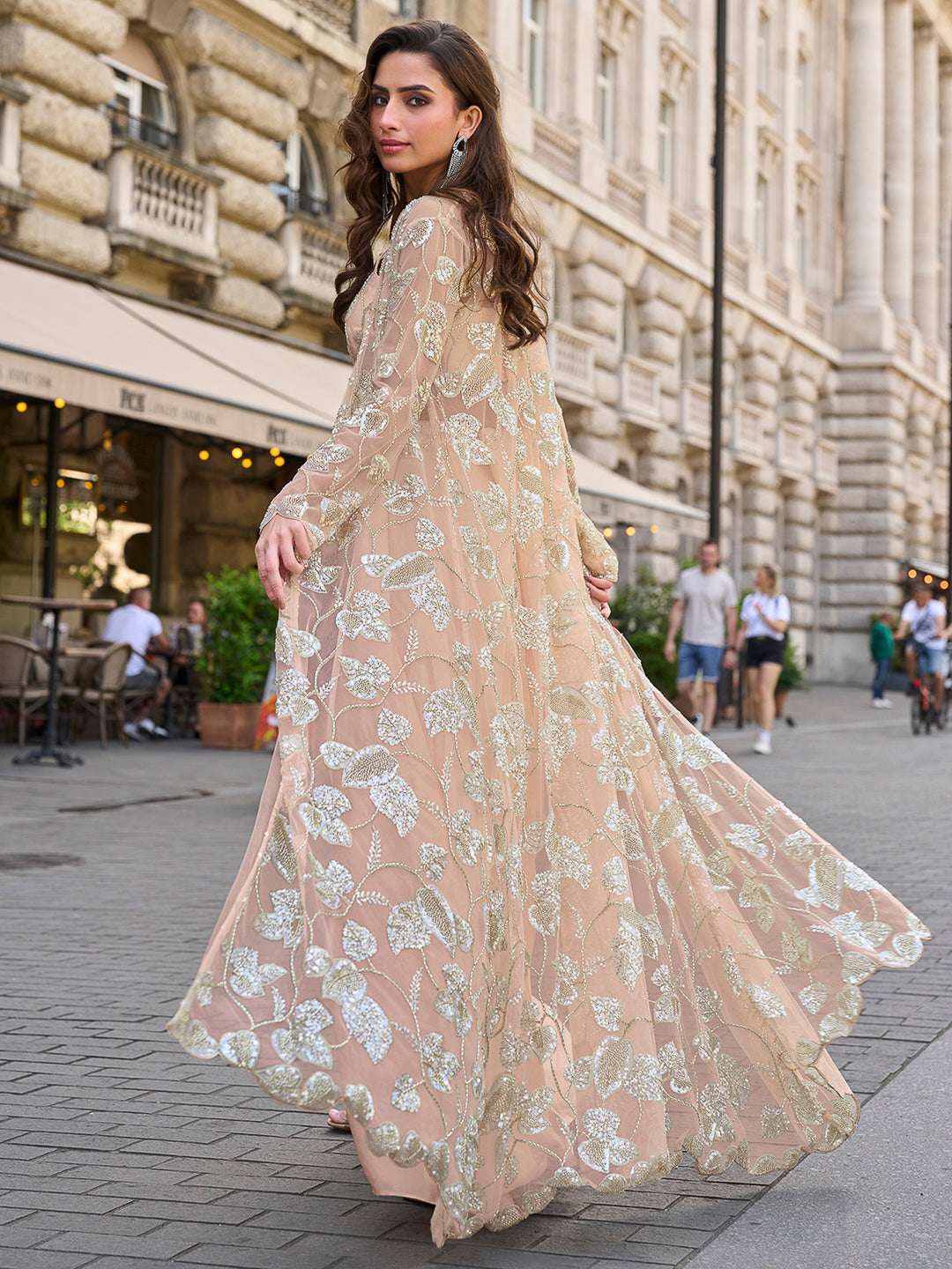 Peach Crepe Embroidered Blouse &amp; Dhoti With Jacket