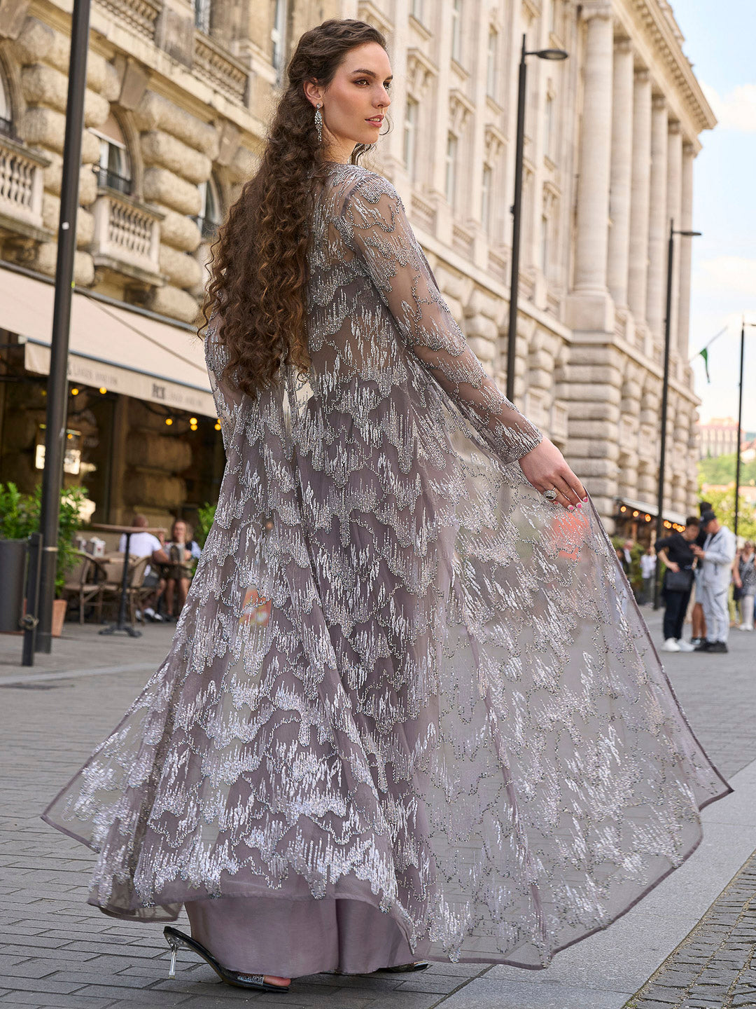 Grey Crepe Embroidered Blouse &amp; Dhoti With Jacket