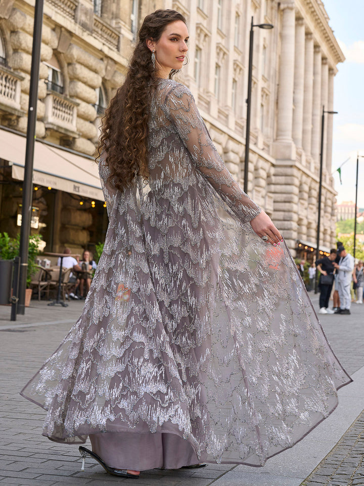 Grey Crepe Embroidered Blouse &amp; Dhoti With Jacket
