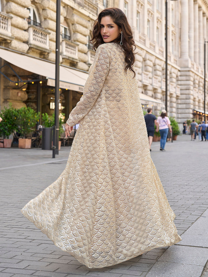 Beige Crepe Embroidered Blouse &amp; Dhoti With Jacket
