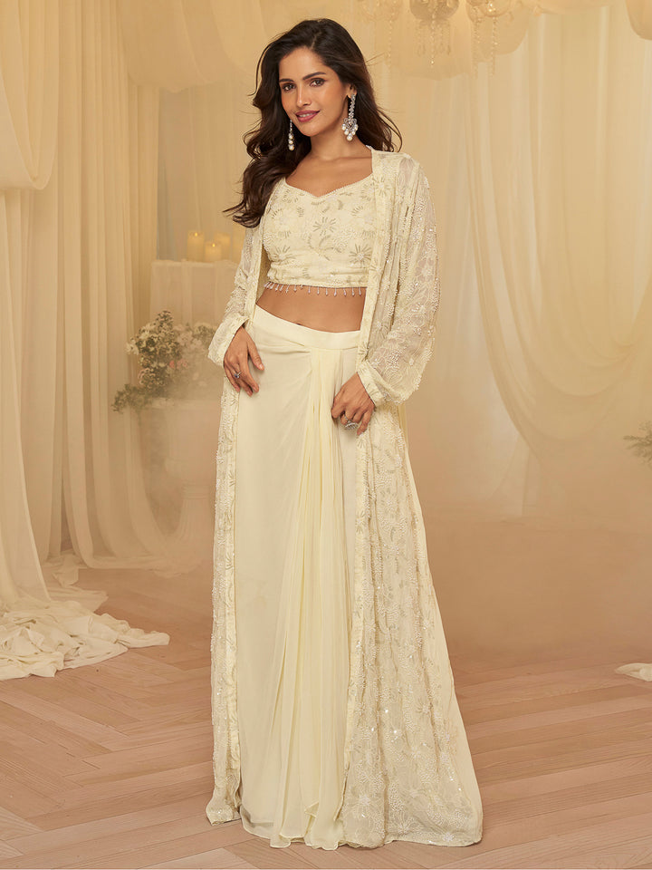 Off White Georgette Embroidered Blouse With Palazzo &amp; Dupatta