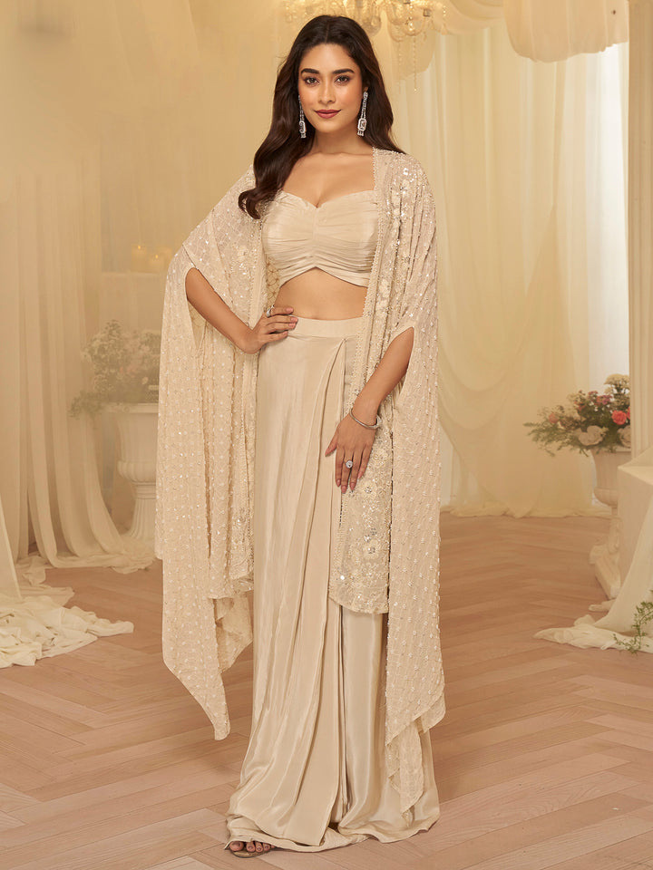 Beige Georgette Embroidered Blouse With Palazzo &amp; Dupatta