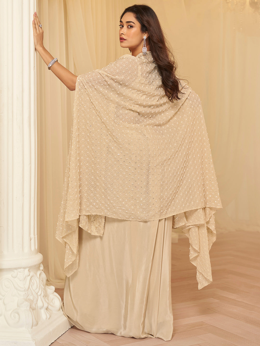 Beige Georgette Embroidered Blouse With Palazzo &amp; Dupatta
