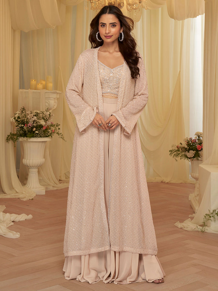 Pink Georgette Embroidered Blouse With Palazzo &amp; Dupatta