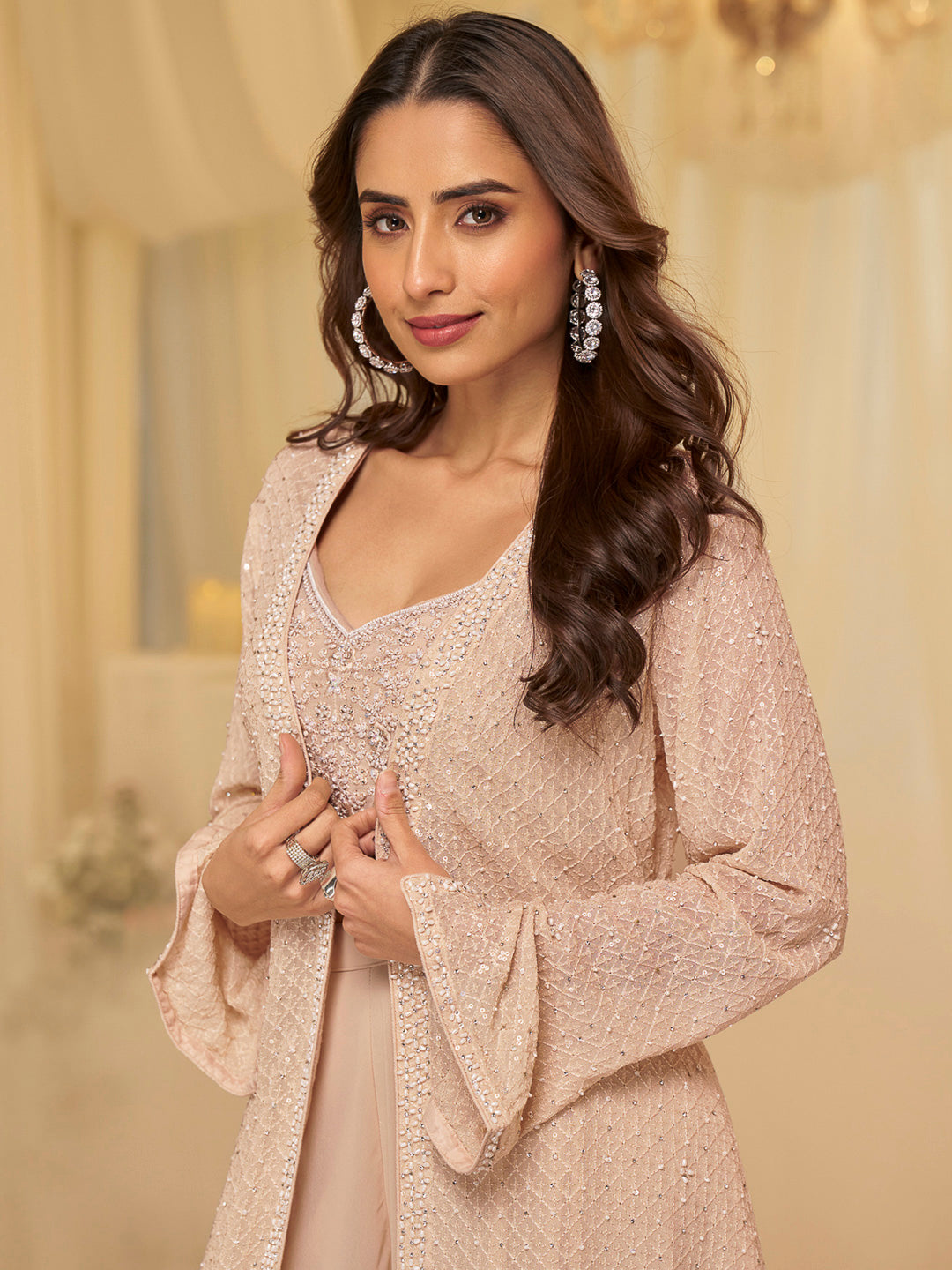 Pink Georgette Embroidered Blouse With Palazzo &amp; Dupatta