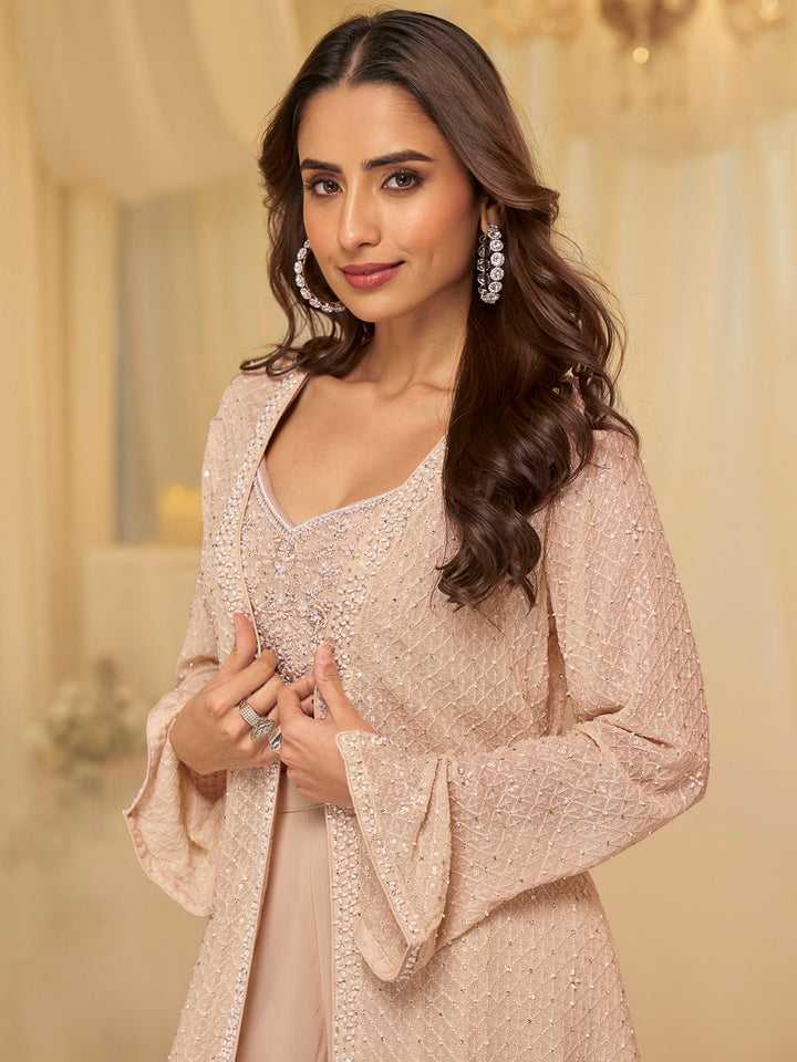 Pink Georgette Embroidered Blouse With Palazzo &amp; Dupatta