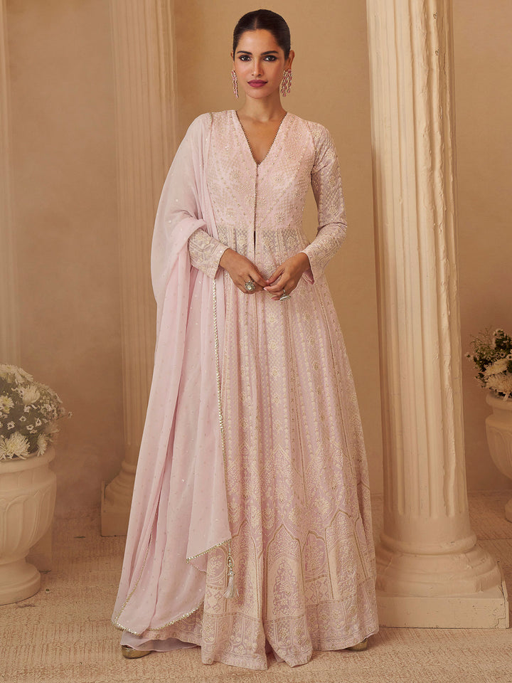 Pink Georgette Embroidered Anarkali Gown With Dupatta