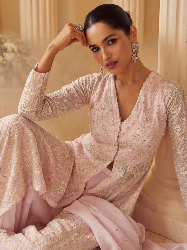 Pink Georgette Embroidered Anarkali Gown With Dupatta