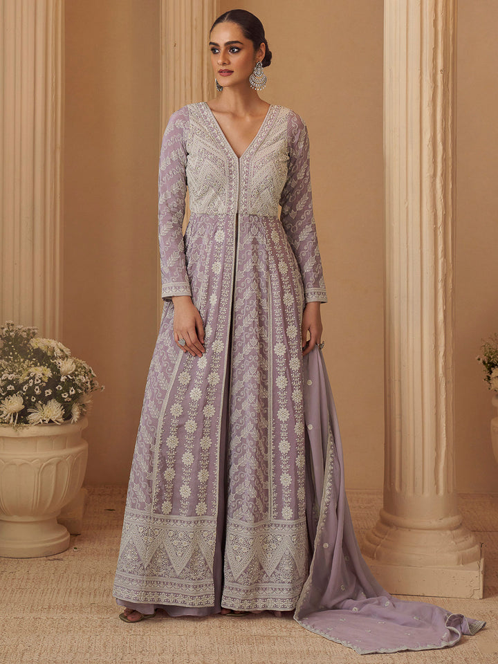 Lavender Georgette Embroidered Anarkali Gown With Dupatta