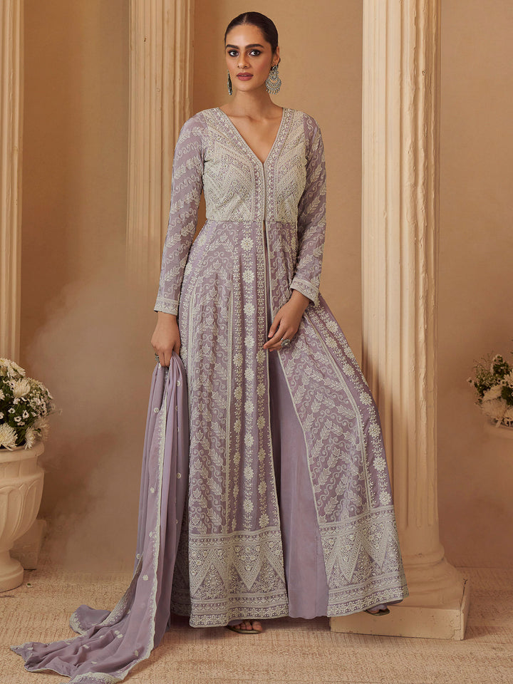 Lavender Georgette Embroidered Anarkali Gown With Dupatta