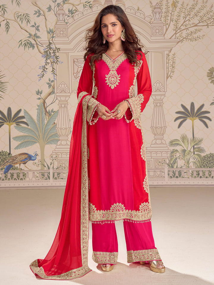 Rani-Red Georgette Embroidered Kurta With Palazzo &amp; Dupatta