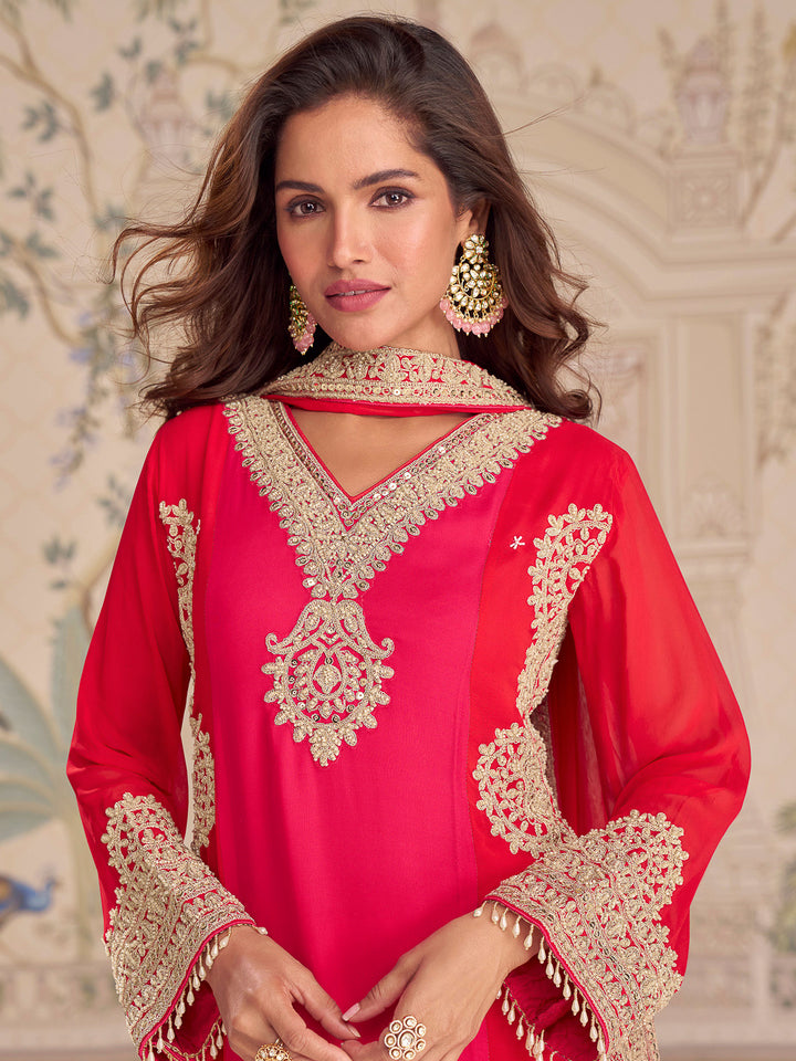 Rani-Red Georgette Embroidered Kurta With Palazzo &amp; Dupatta