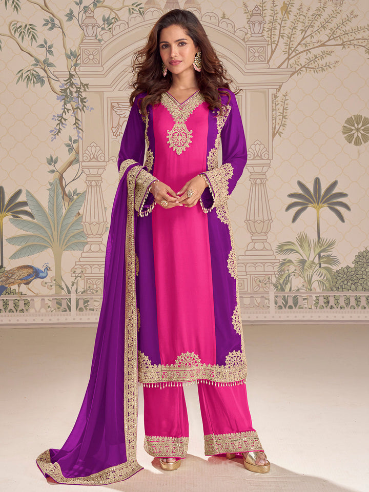 Pink-Purple Georgette Embroidered Kurta With Palazzo &amp; Dupatta