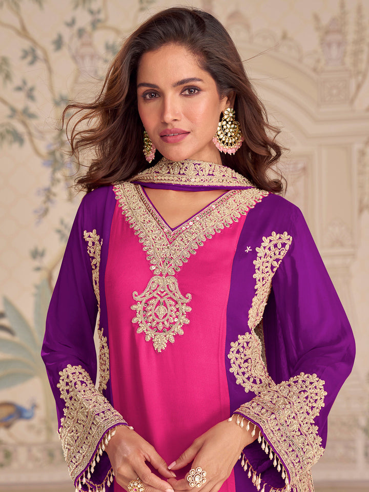 Pink-Purple Georgette Embroidered Kurta With Palazzo &amp; Dupatta