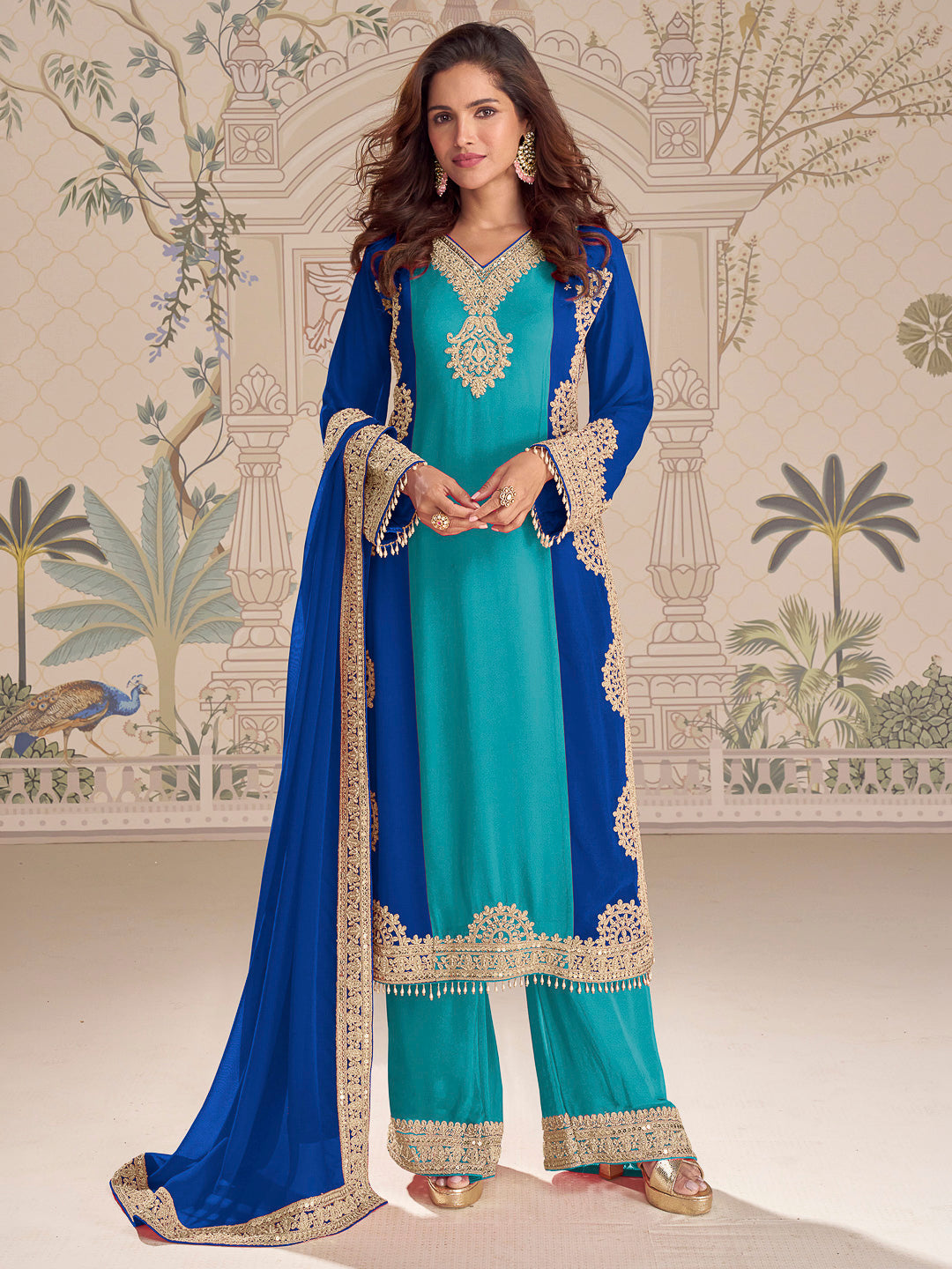 Blue Georgette Embroidered Kurta With Palazzo &amp; Dupatta