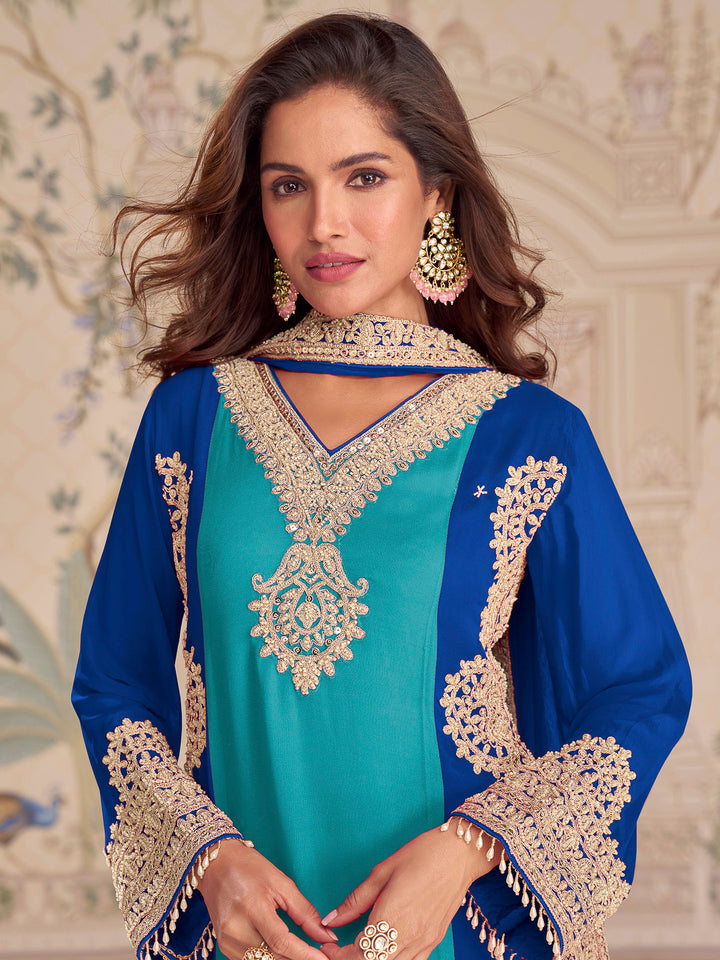 Blue Georgette Embroidered Kurta With Palazzo &amp; Dupatta