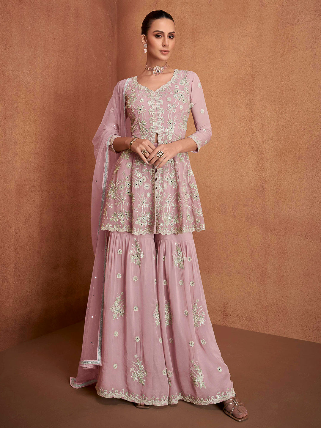 Pink Georgette Embroidered Front Cut Short Top With Sharara &amp; Dupatta