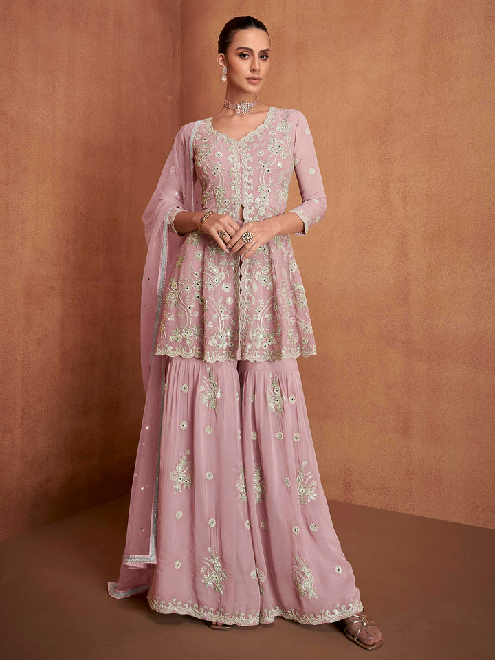 Pink Georgette Embroidered Front Cut Short Top With Sharara &amp; Dupatta