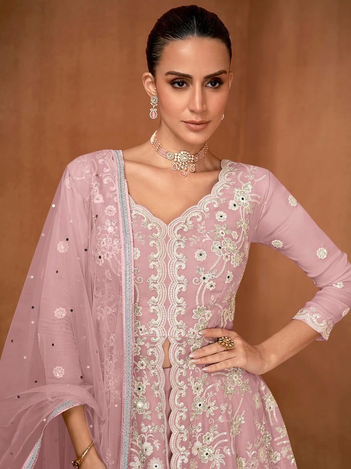 Pink Georgette Embroidered Front Cut Short Top With Sharara &amp; Dupatta