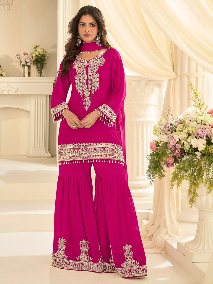 Rani Georgette Embroidered Kurta With Sharara &amp; Dupatta