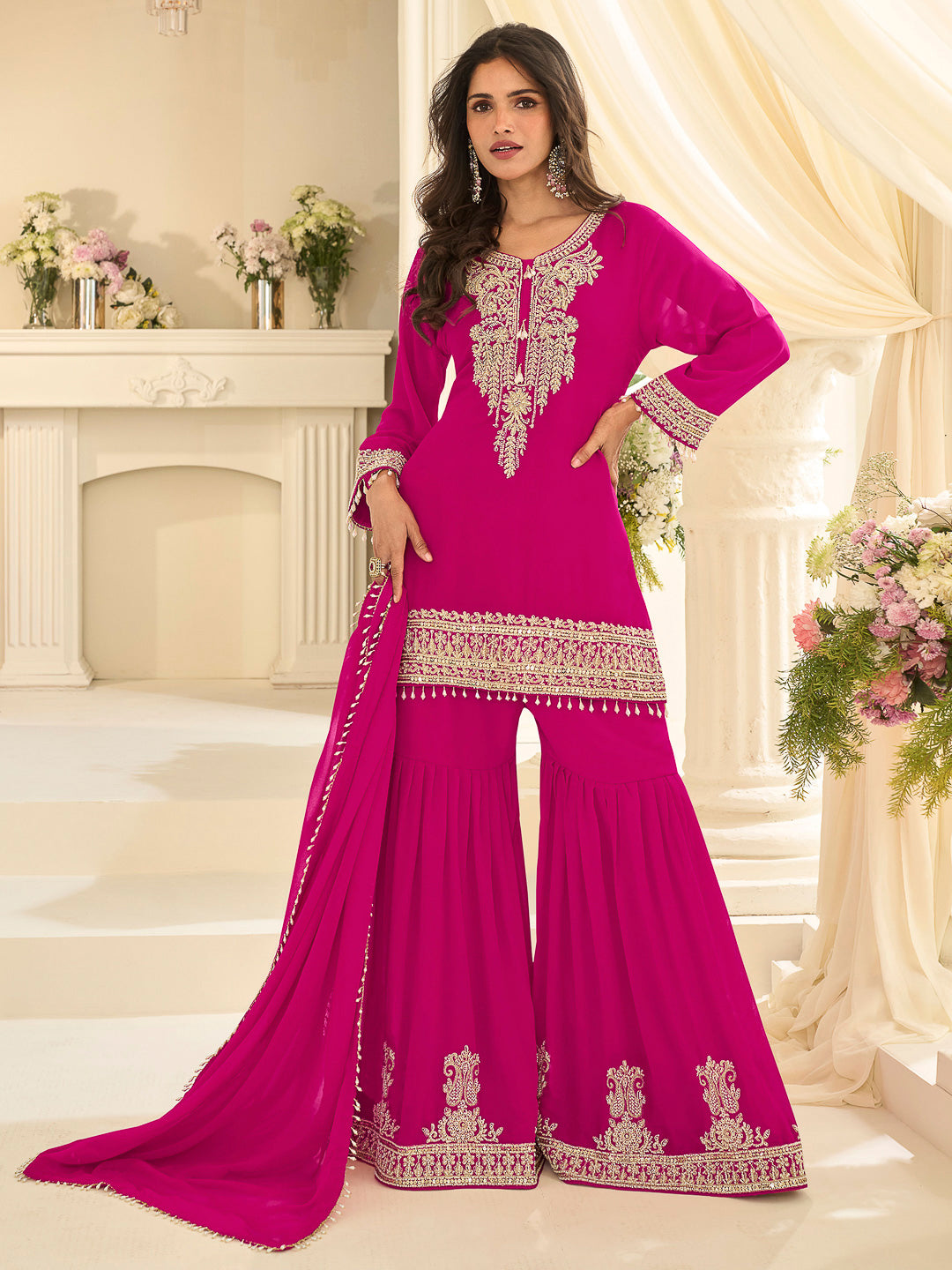 Rani Georgette Embroidered Kurta With Sharara &amp; Dupatta