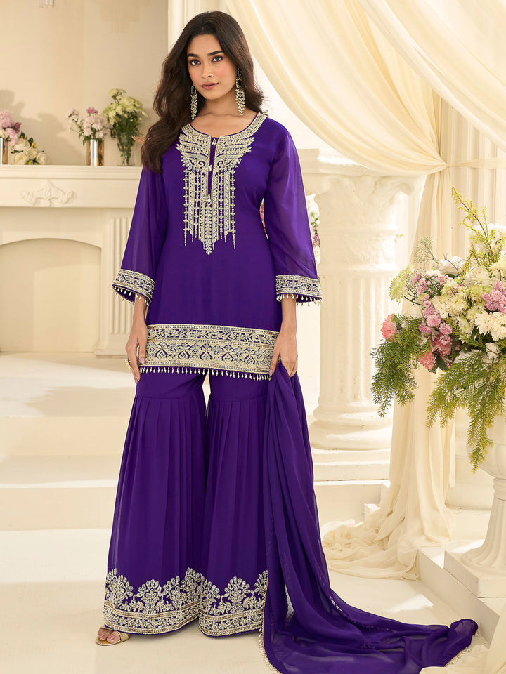 Purple Georgette Embroidered Kurta With Sharara &amp; Dupatta