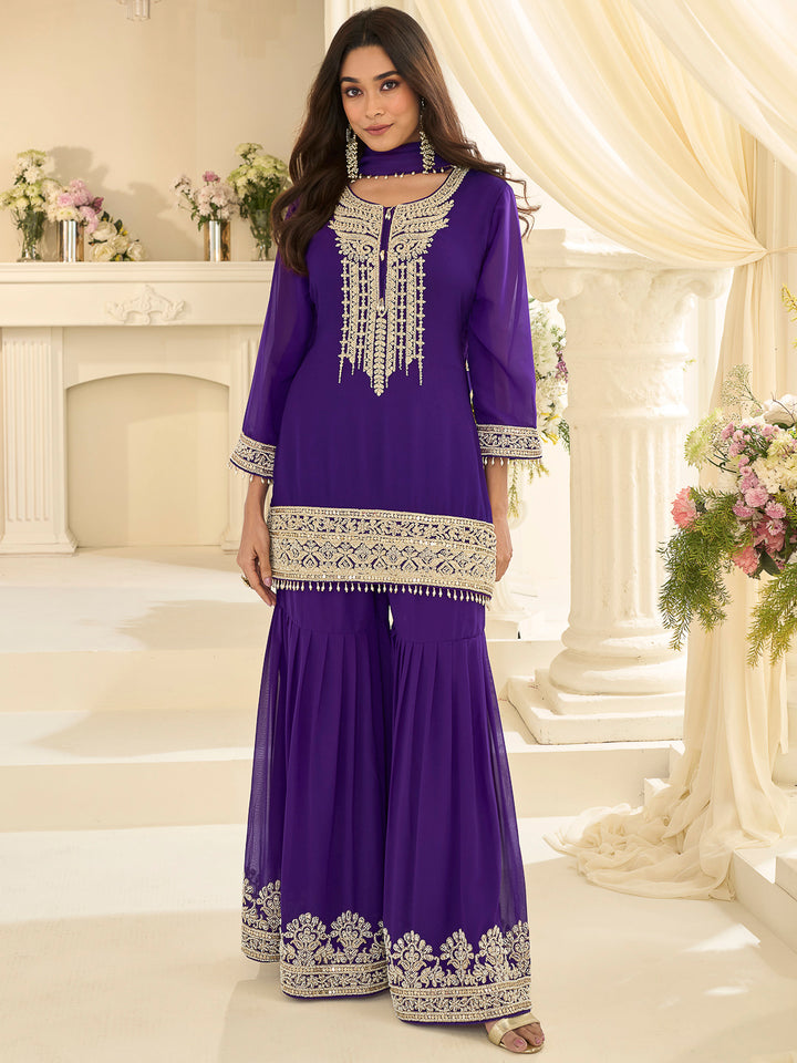 Purple Georgette Embroidered Kurta With Sharara &amp; Dupatta