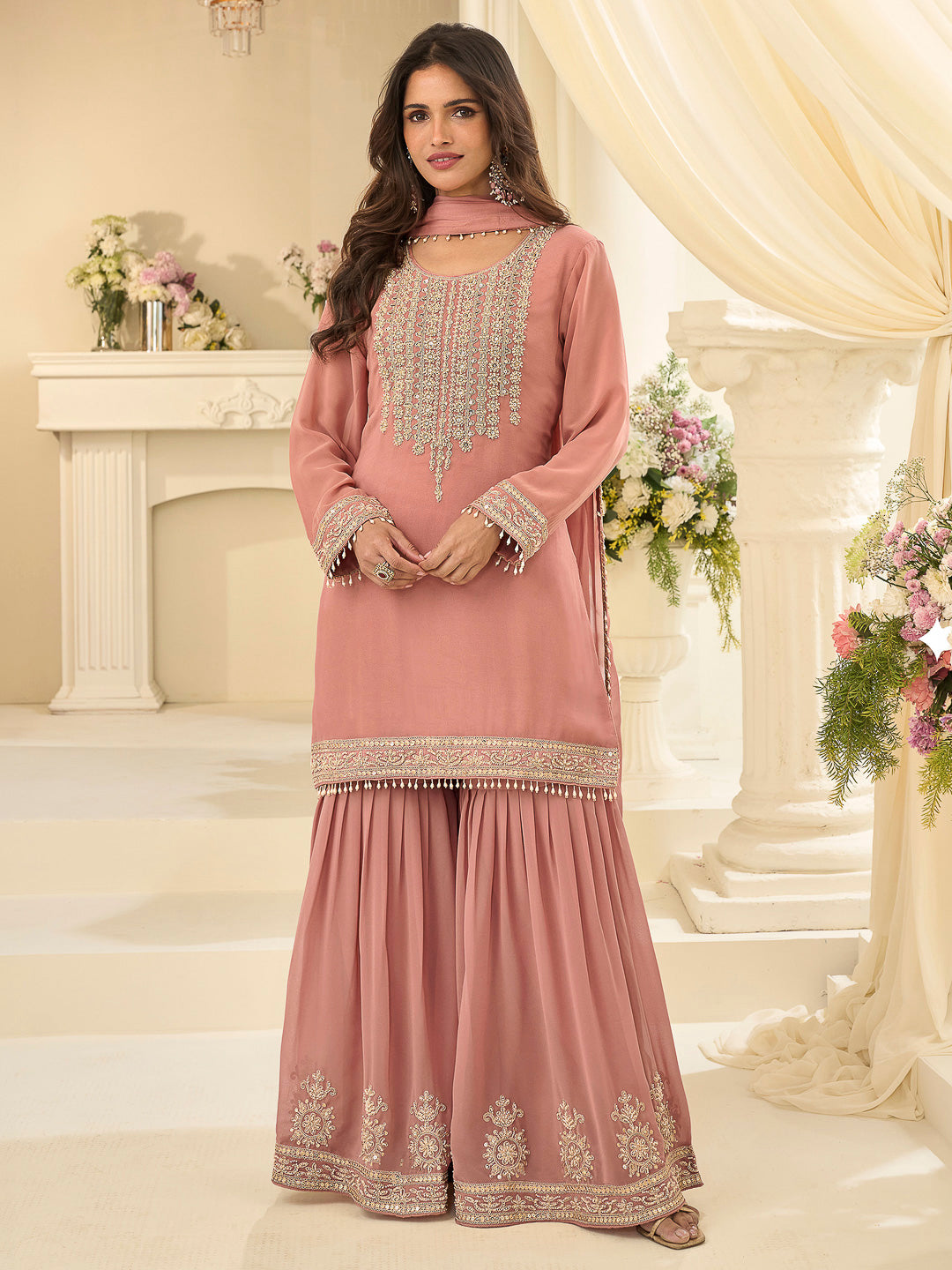Rose Georgette Embroidered Kurta With Sharara &amp; Dupatta