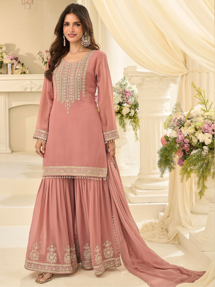 Rose Georgette Embroidered Kurta With Sharara &amp; Dupatta