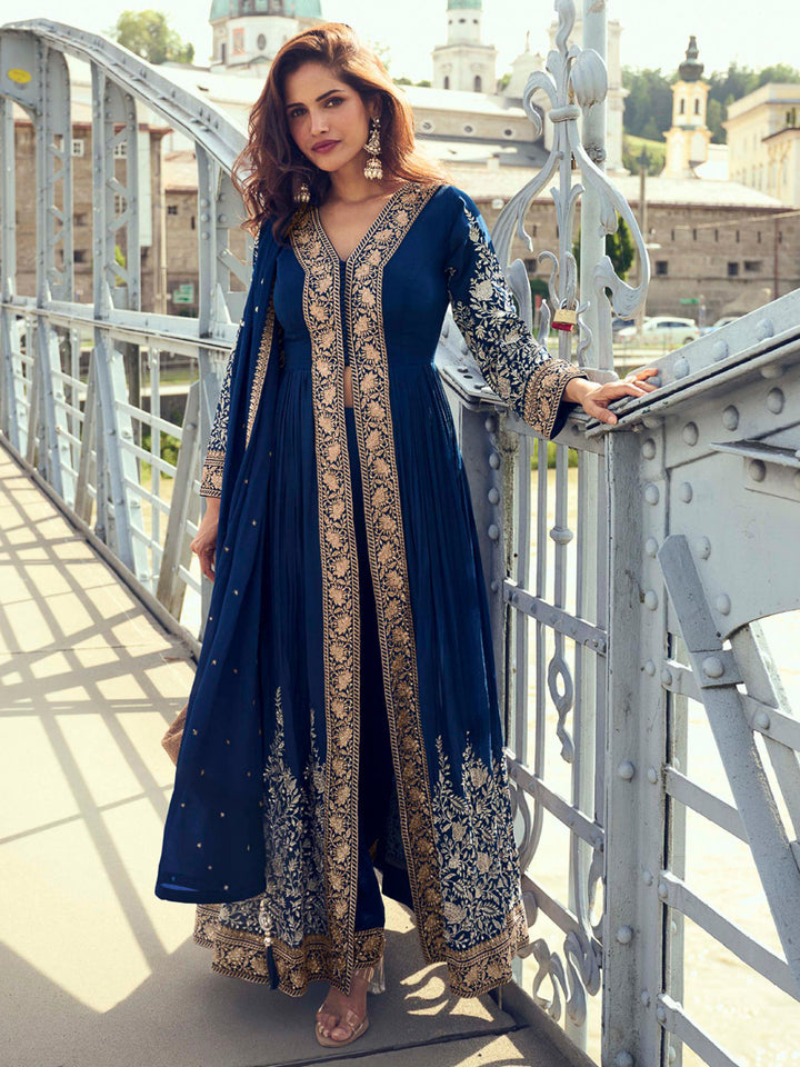 Navy Blue Chinon Embroidered Front Cut Anarkali With Pant &amp; Dupatta