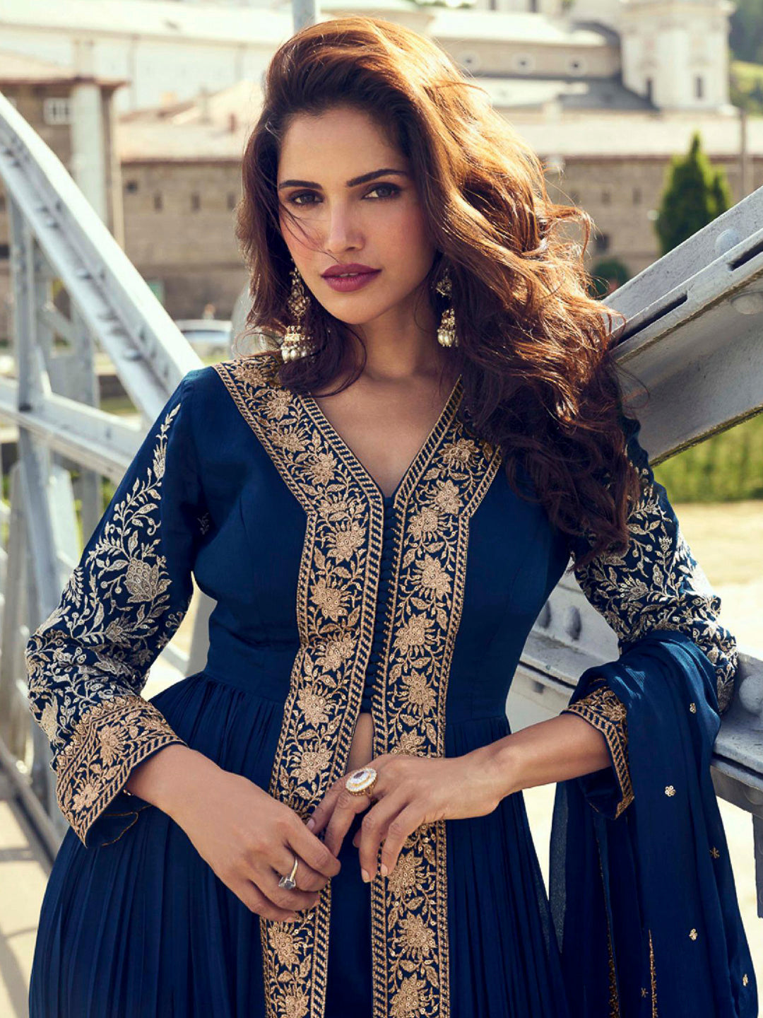 Navy Blue Chinon Embroidered Front Cut Anarkali With Pant &amp; Dupatta
