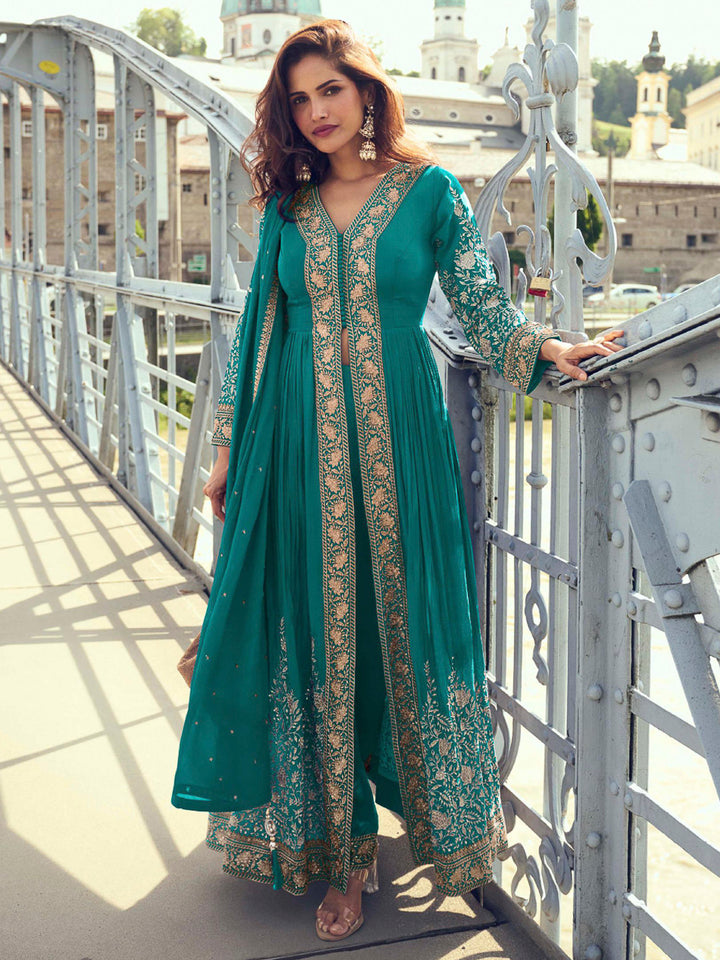 Turquoise Chinon Embroidered Front Cut Anarkali With Pant &amp; Dupatta