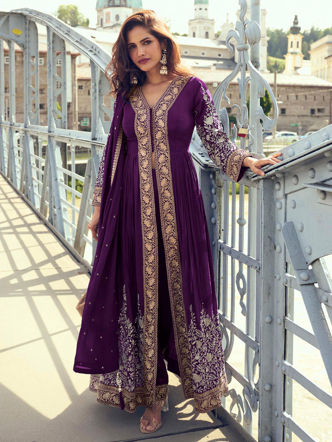 Wine Chinon Embroidered Front Cut Anarkali With Pant &amp; Dupatta