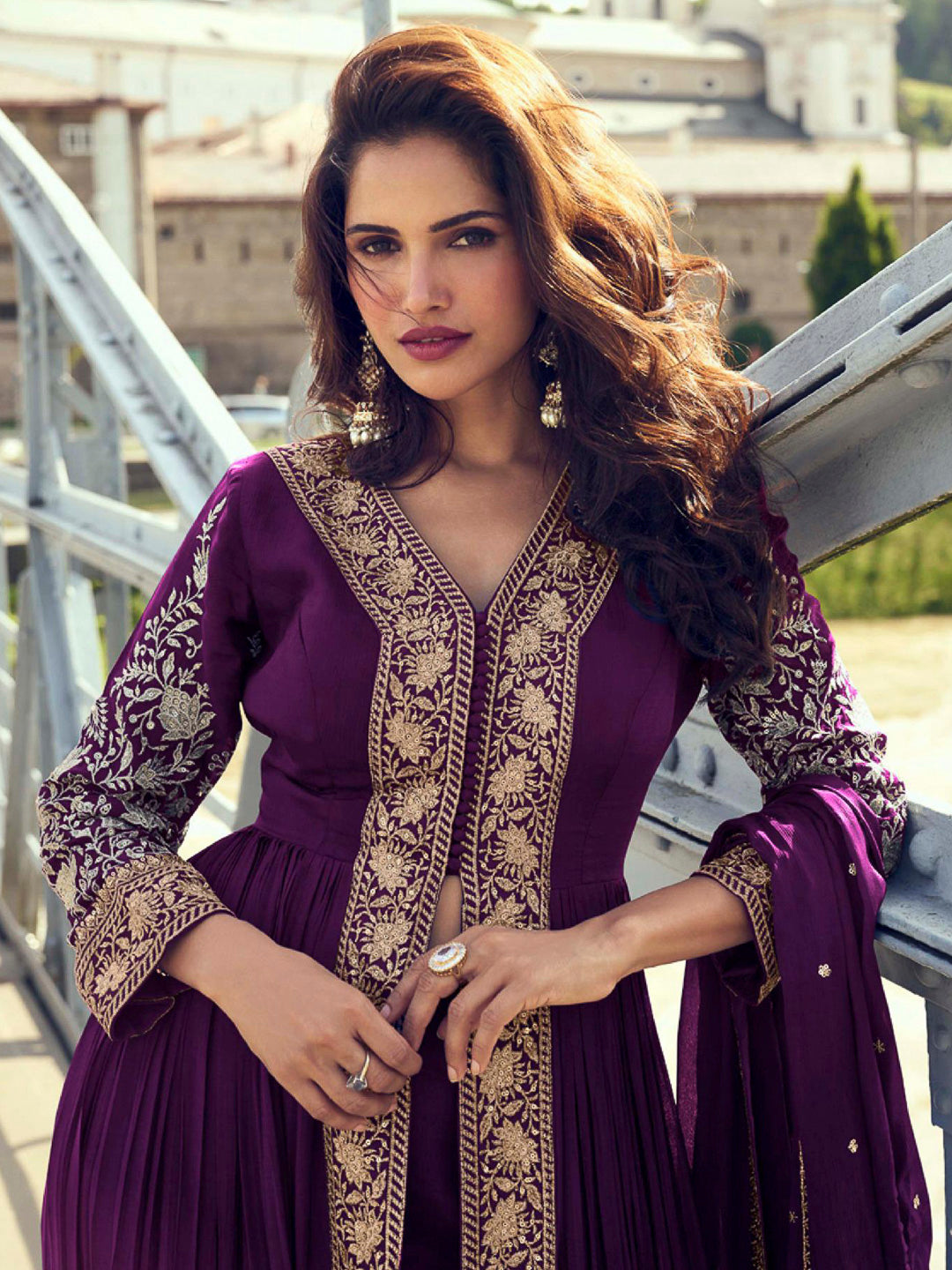 Wine Chinon Embroidered Front Cut Anarkali With Pant &amp; Dupatta