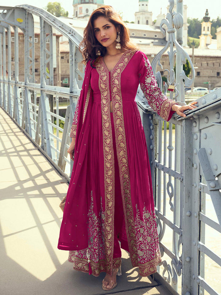 Pink Chinon Embroidered Front Cut Anarkali With Pant &amp; Dupatta