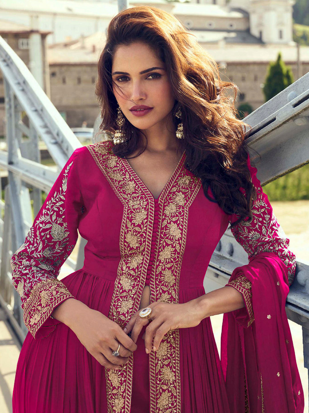 Pink Chinon Embroidered Front Cut Anarkali With Pant &amp; Dupatta