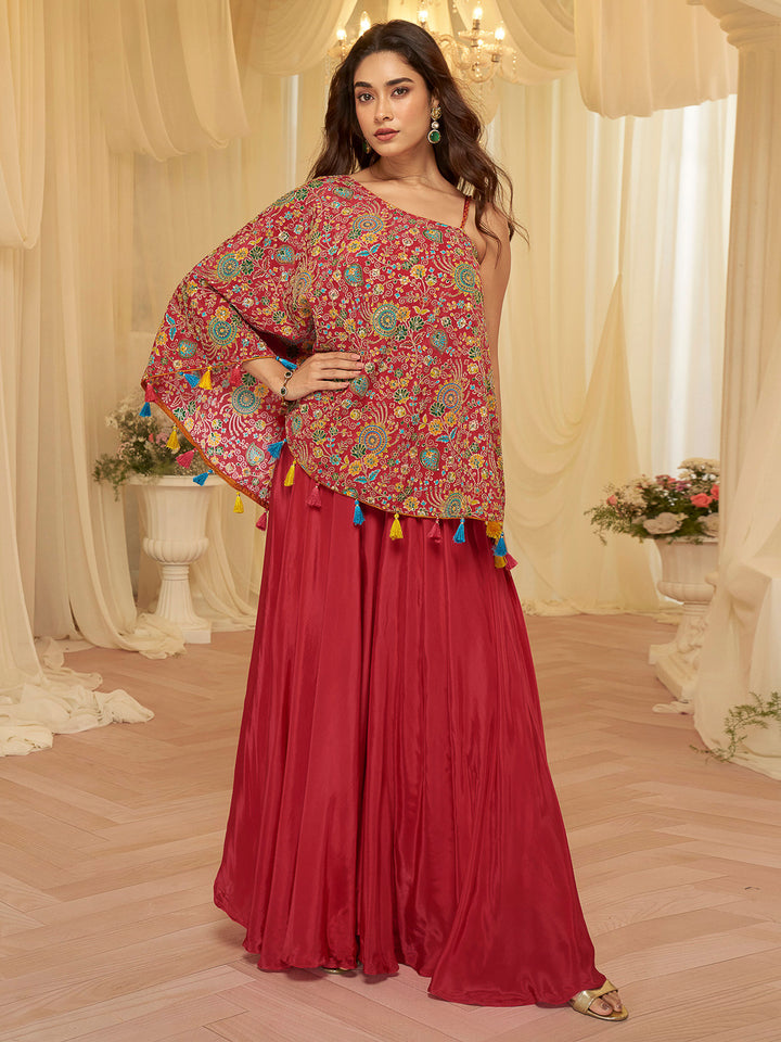 Red Art Silk Embroidered One Shoulder Short Top With Palazzo