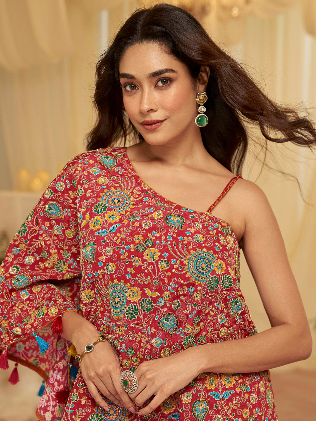 Red Art Silk Embroidered One Shoulder Short Top With Palazzo